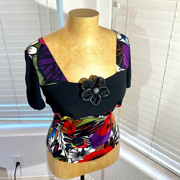 BLUE D’AZUR France top blouse black red stretchy - Picture 2 of 15